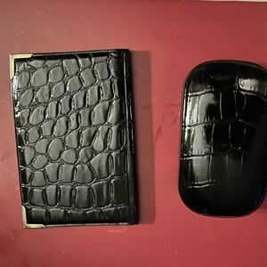Black Croc-Embossed Card Wallet and Lipstick Case Set